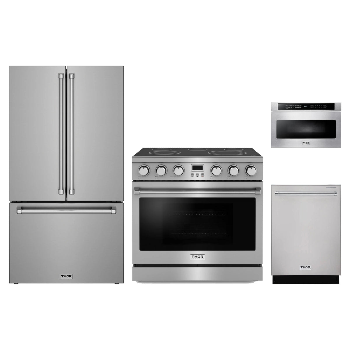 Thor Kitchen 4-Piece Appliance Package - 36-Inch Electric Range, Counter-Depth Refrigerator, Dishwasher, & Microwave Drawer in Stainless Steel