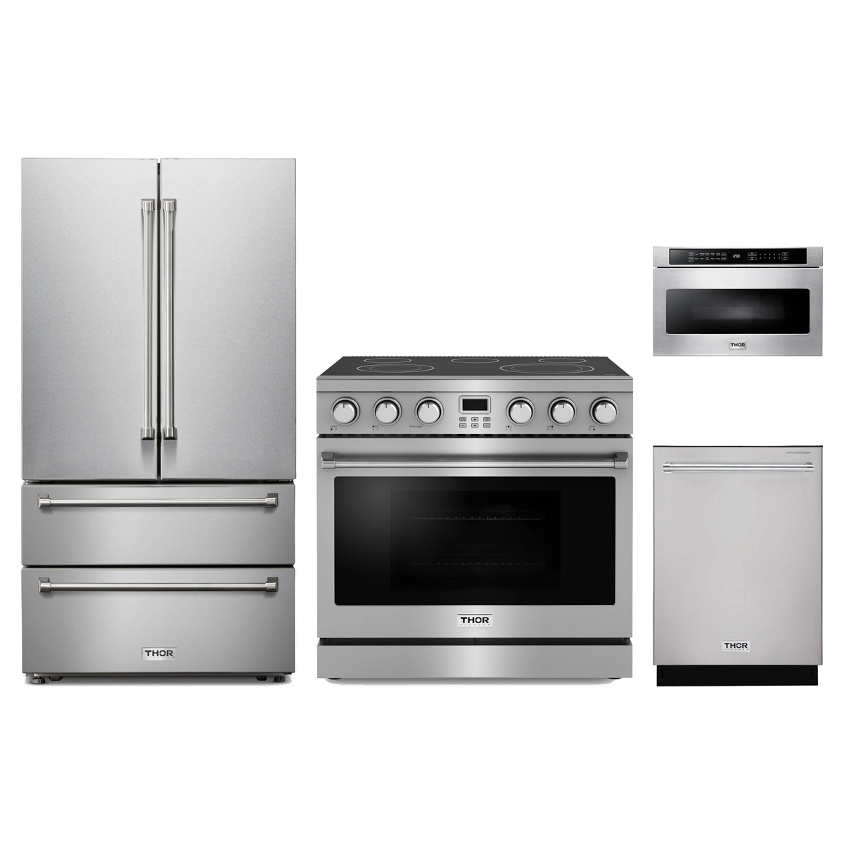 Thor Kitchen 4-Piece Appliance Package - 36-Inch Electric Range, French Door Refrigerator, Dishwasher, & Microwave Drawer in Stainless Steel