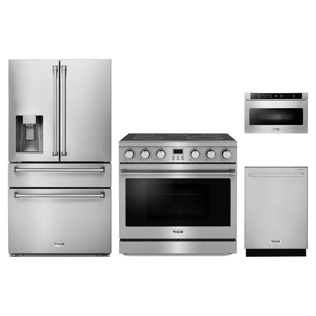 Thor Kitchen 4-Piece Appliance Package - 36-Inch Electric Range, Refrigerator with Water Dispenser, Dishwasher, & Microwave Drawer in Stainless Steel