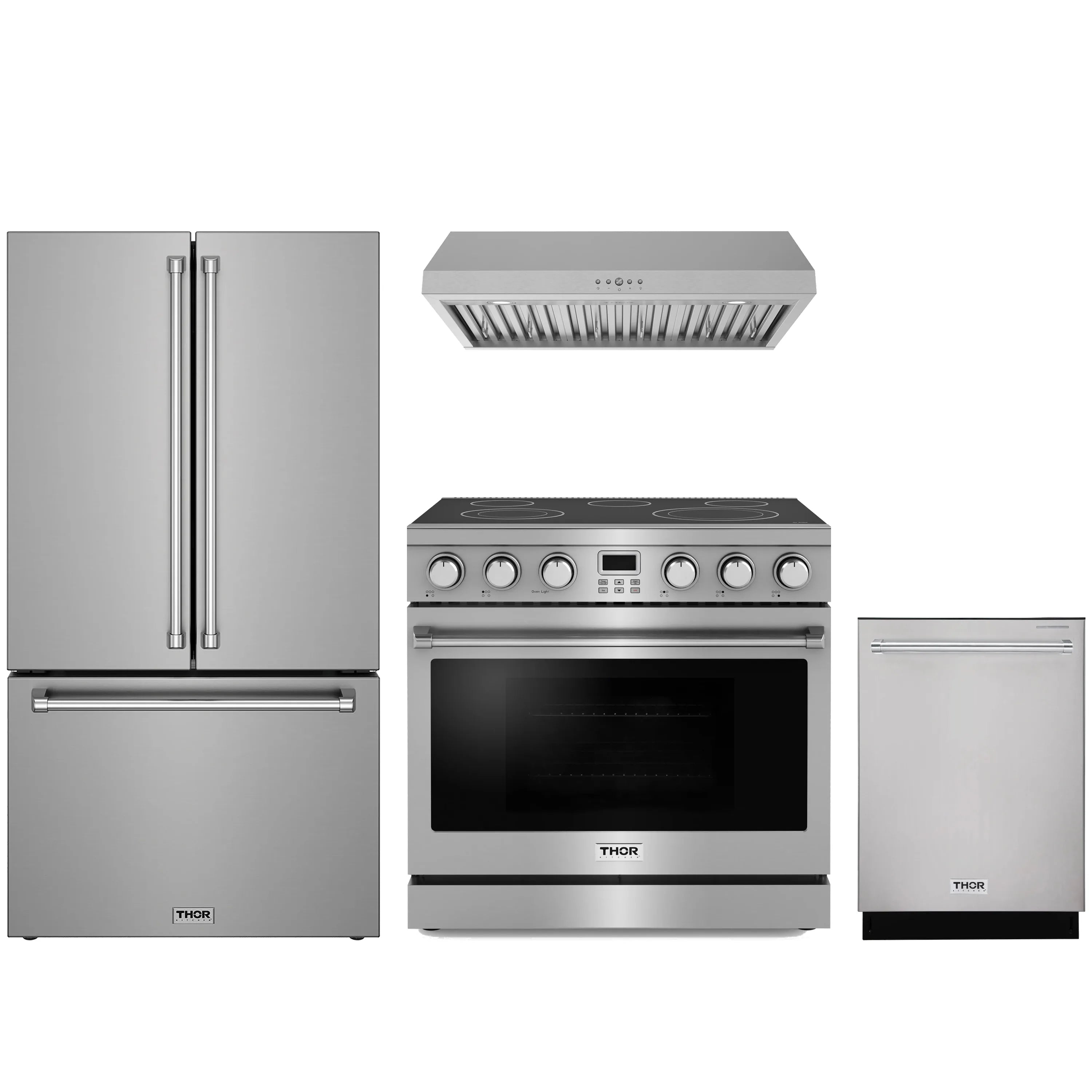 Stainless steel 4-piece kitchen appliance package: refrigerator, range, hood, dishwasher