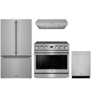 Stainless steel Thor Kitchen appliance package with 36-inch electric range, range hood, counter-depth refrigerator, dishwasher