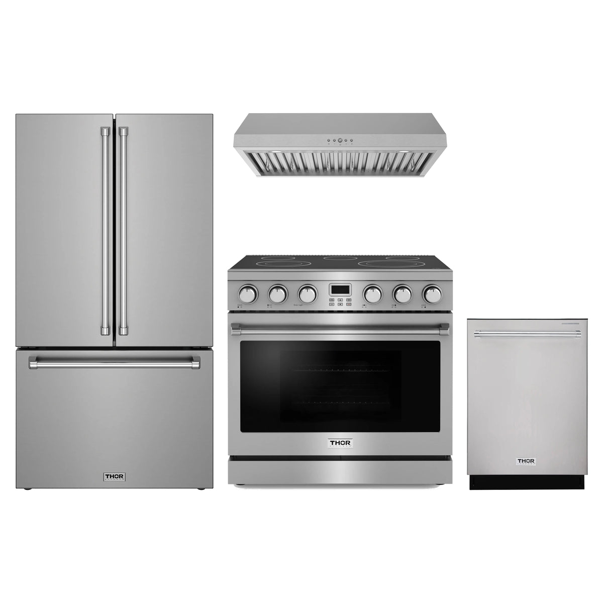 Thor Kitchen 4-Piece Appliance Package - 36-Inch Electric Range, Counter-Depth Refrigerator, Under Cabinet Hood, & Dishwasher in Stainless Steel