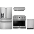 Thor Kitchen 4-Piece Appliance Package - 36-Inch Electric Range, Refrigerator with Water Dispenser, Under Cabinet Hood, & Dishwasher in Stainless Steel