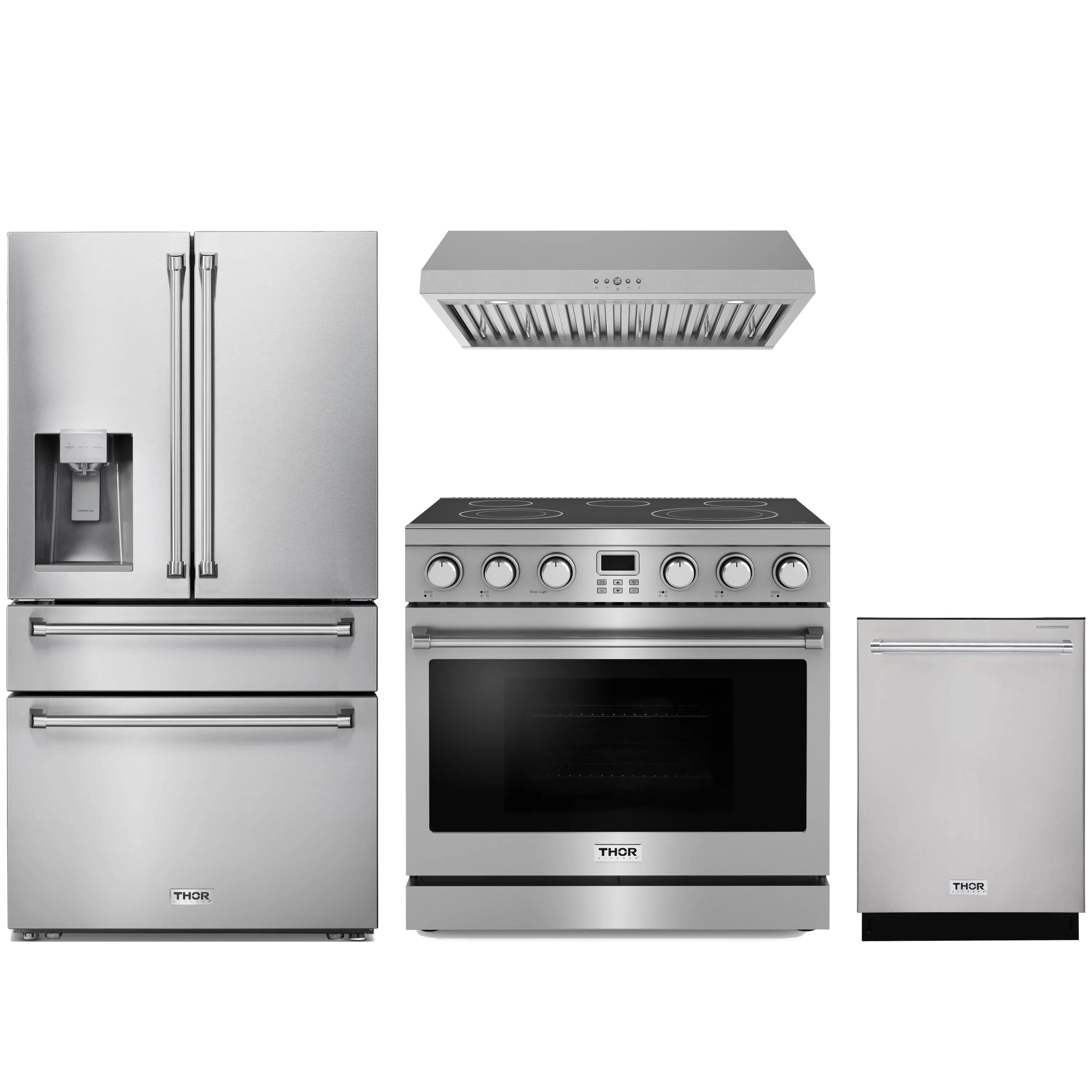 Stainless steel 4-piece kitchen appliance set with refrigerator, range, hood, dishwasher