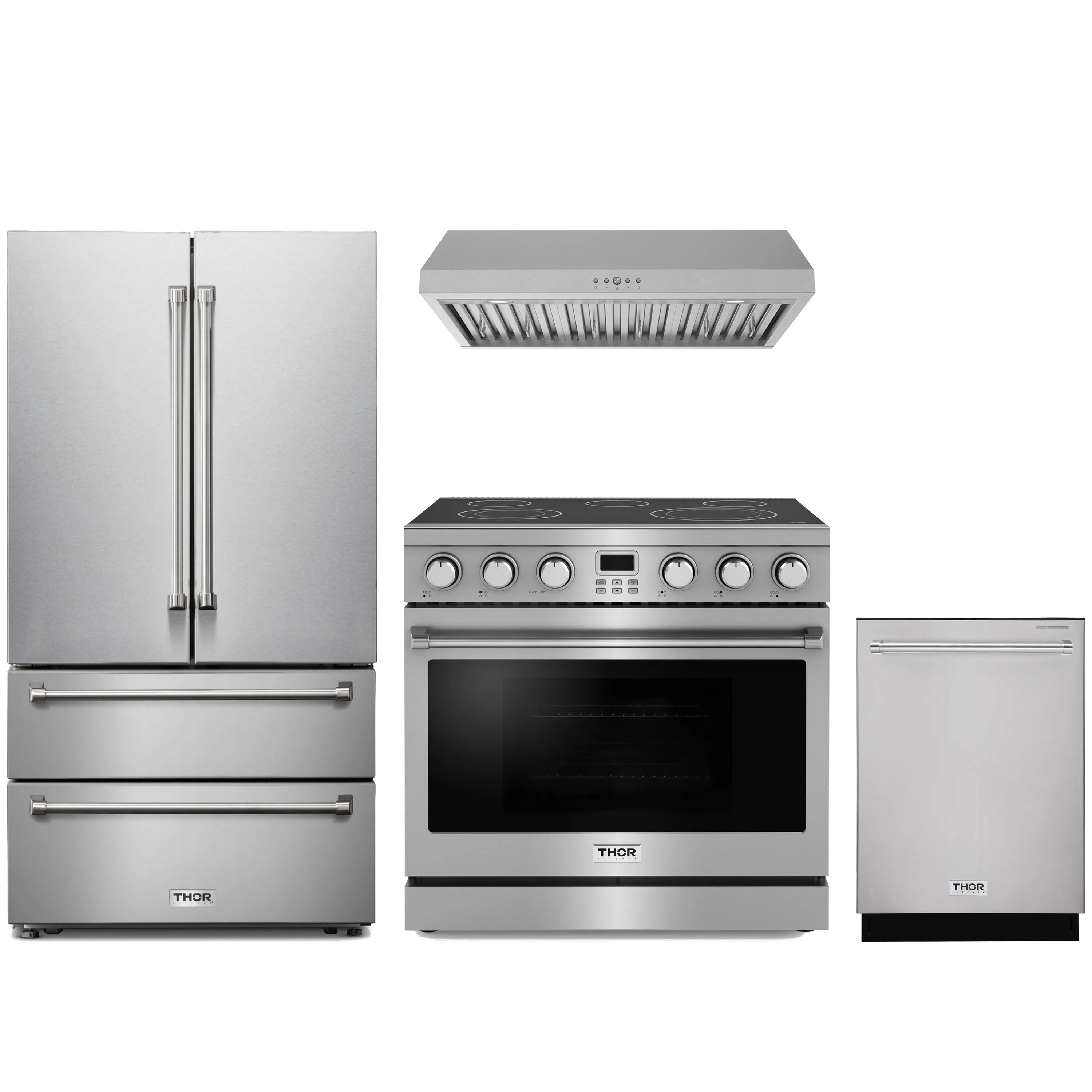 Stainless steel 4-piece appliance package: French door fridge, electric range, dishwasher