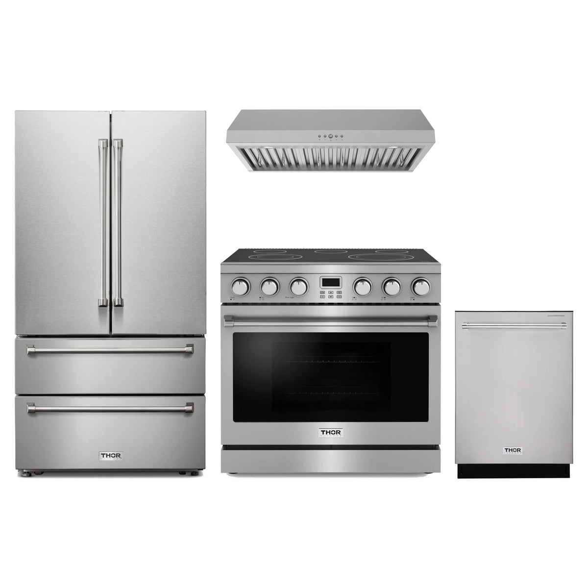 Thor Kitchen 4-Piece Appliance Package - 36-Inch Electric Range, French Door Refrigerator, Under Cabinet Hood, & Dishwasher in Stainless Steel
