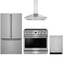 Stainless steel Thor Kitchen appliance package with 36-inch electric range, range hood, counter-depth refrigerator, dishwasher