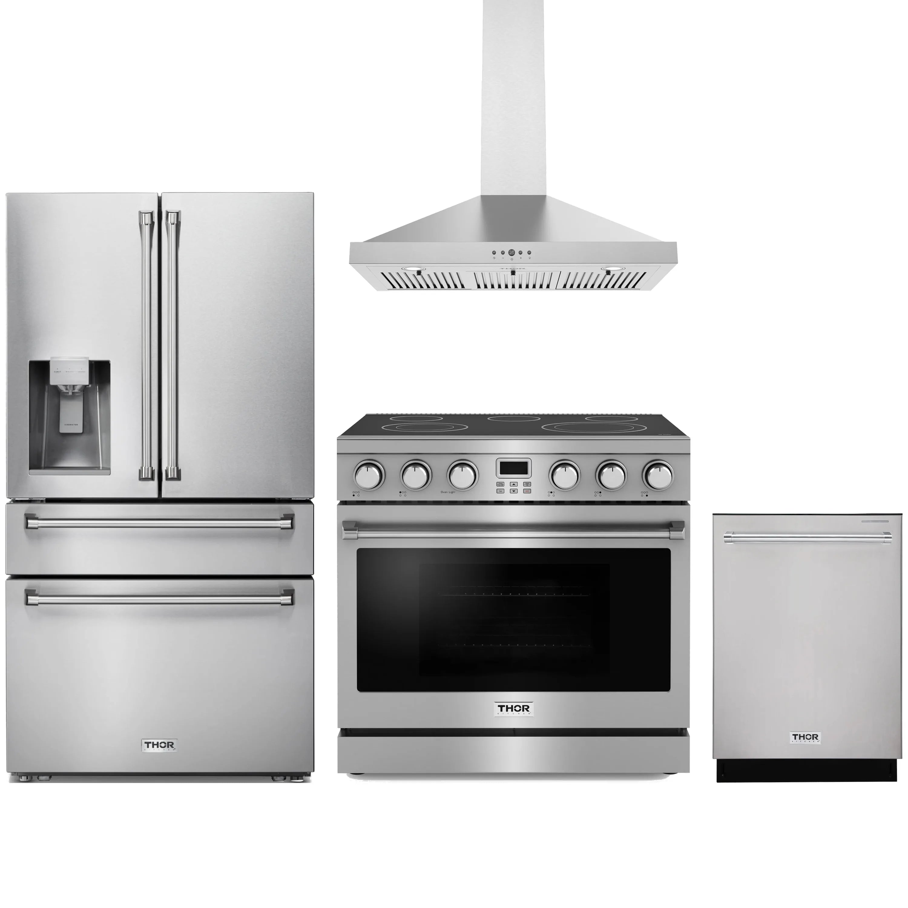 Stainless steel Thor Kitchen appliance package with 36-inch electric range, range hood, refrigerator with water dispenser, dishwasher