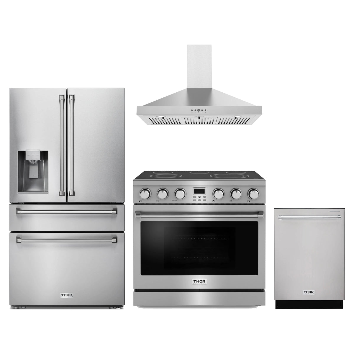 Thor Kitchen 4-Piece Appliance Package - 36-Inch Electric Range, Refrigerator with Water Dispenser, Wall Mount Hood, & Dishwasher in Stainless Steel