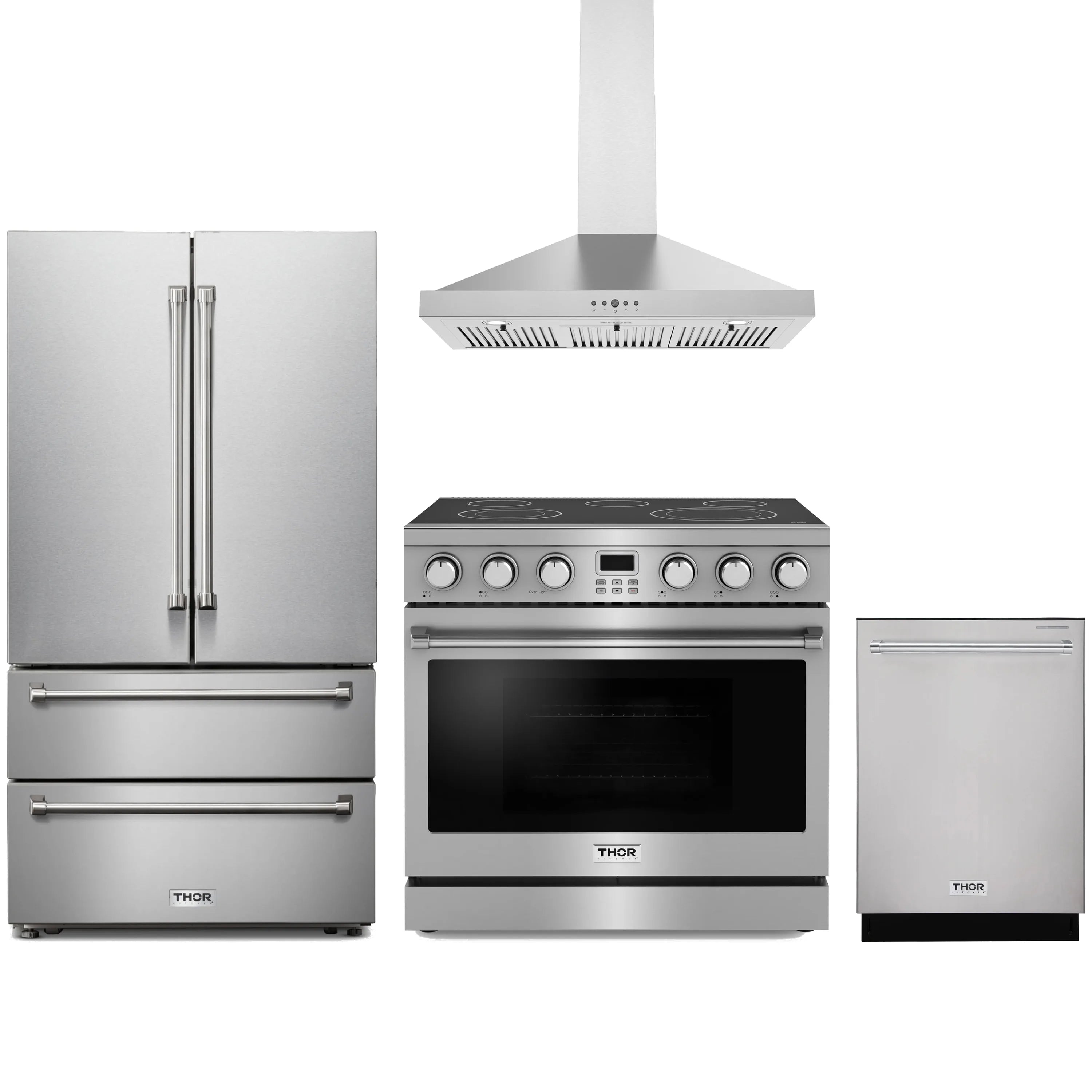 Stainless steel Thor Kitchen appliance package with 36-inch electric range, range hood, french door refrigerator, dishwasher