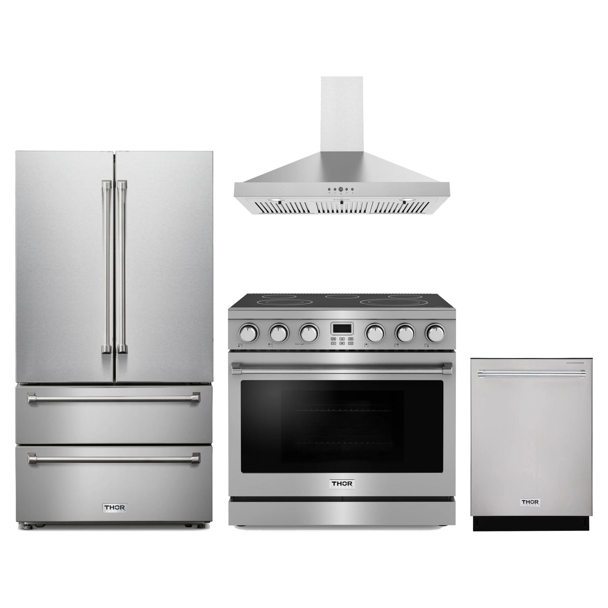 Thor Kitchen 4-Piece Appliance Package - 36-Inch Electric Range, French Door Refrigerator, Wall Mount Hood, & Dishwasher in Stainless Steel