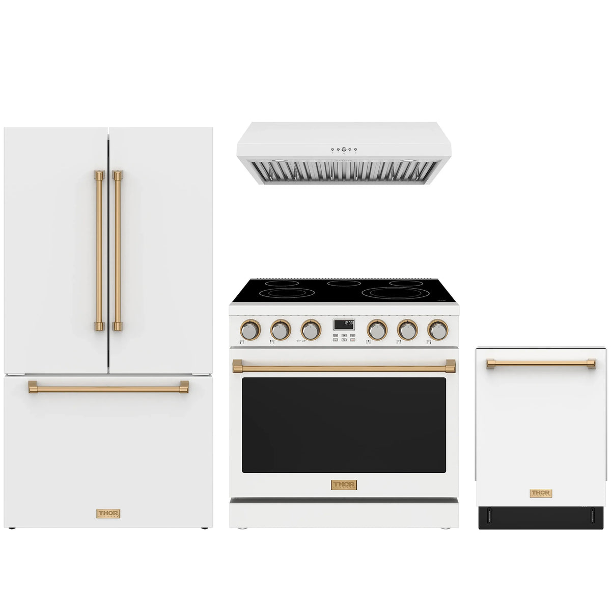 White Thor Kitchen appliance package with 36-inch electric range, under cabinet range hood, counter-depth refrigerator, dishwasher