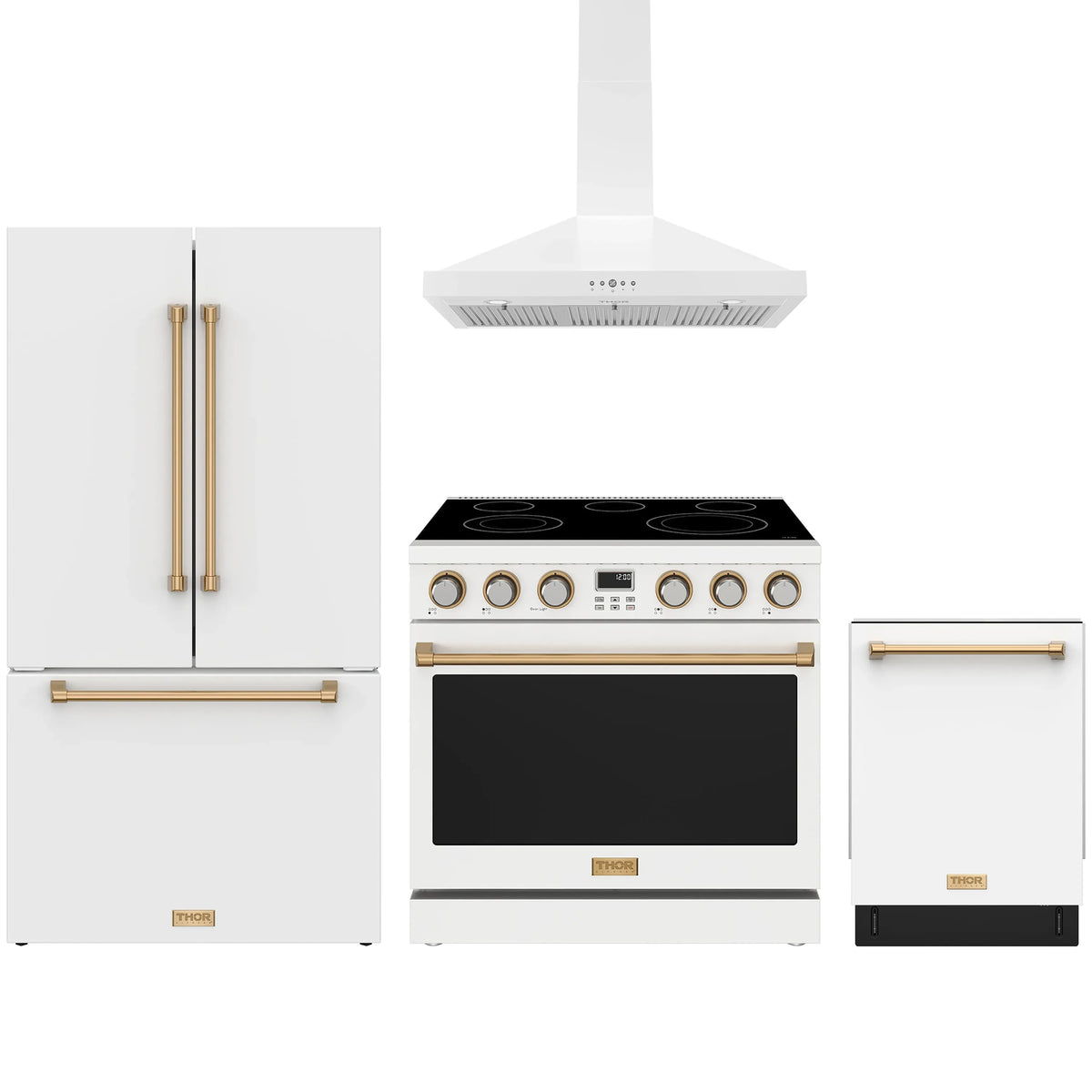 White Thor Kitchen appliance package with 36-inch electric range, wall mount range hood, counter-depth refrigerator, dishwasher