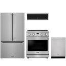Stainless steel Thor Kitchen appliance package with 30-inch range, counter-depth refrigerator, dishwasher, over-the-range microwave
