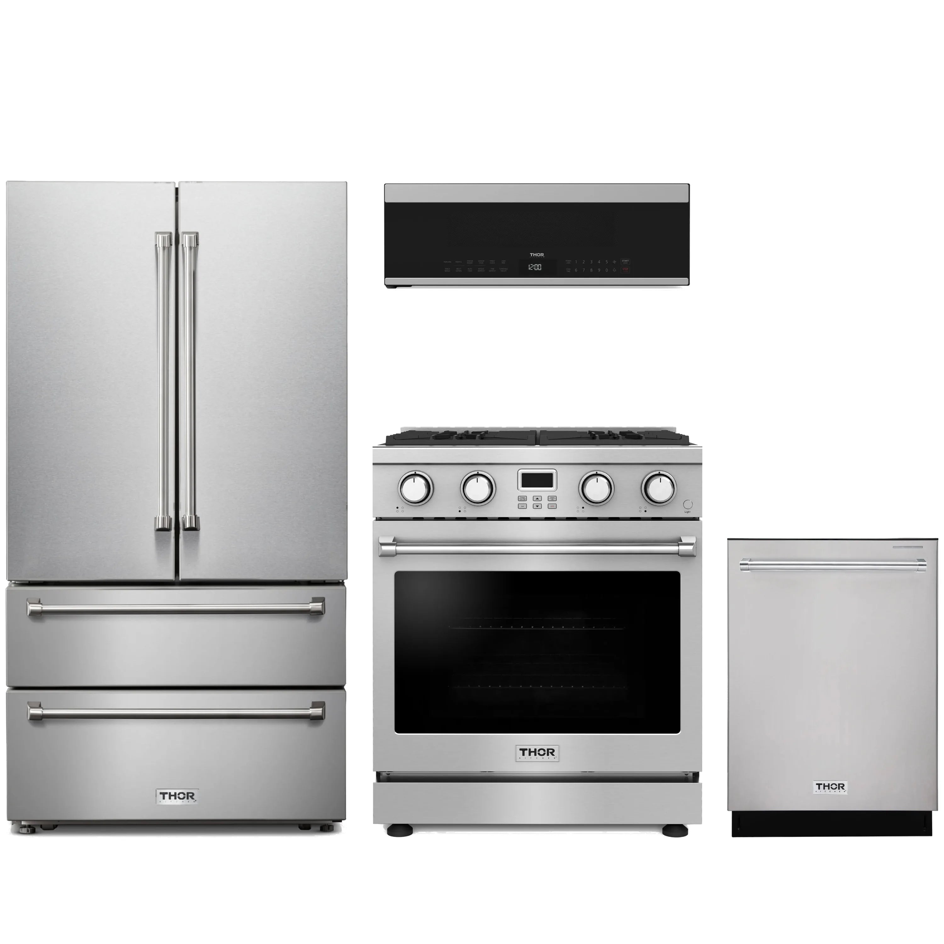 Stainless steel kitchen appliance package with French door refrigerator, range, and dishwasher
