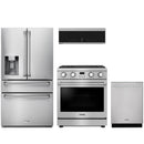 Stainless steel Thor Kitchen appliance package with 30-inch range, refrigerator with water dispenser, dishwasher, over-the-range microwave