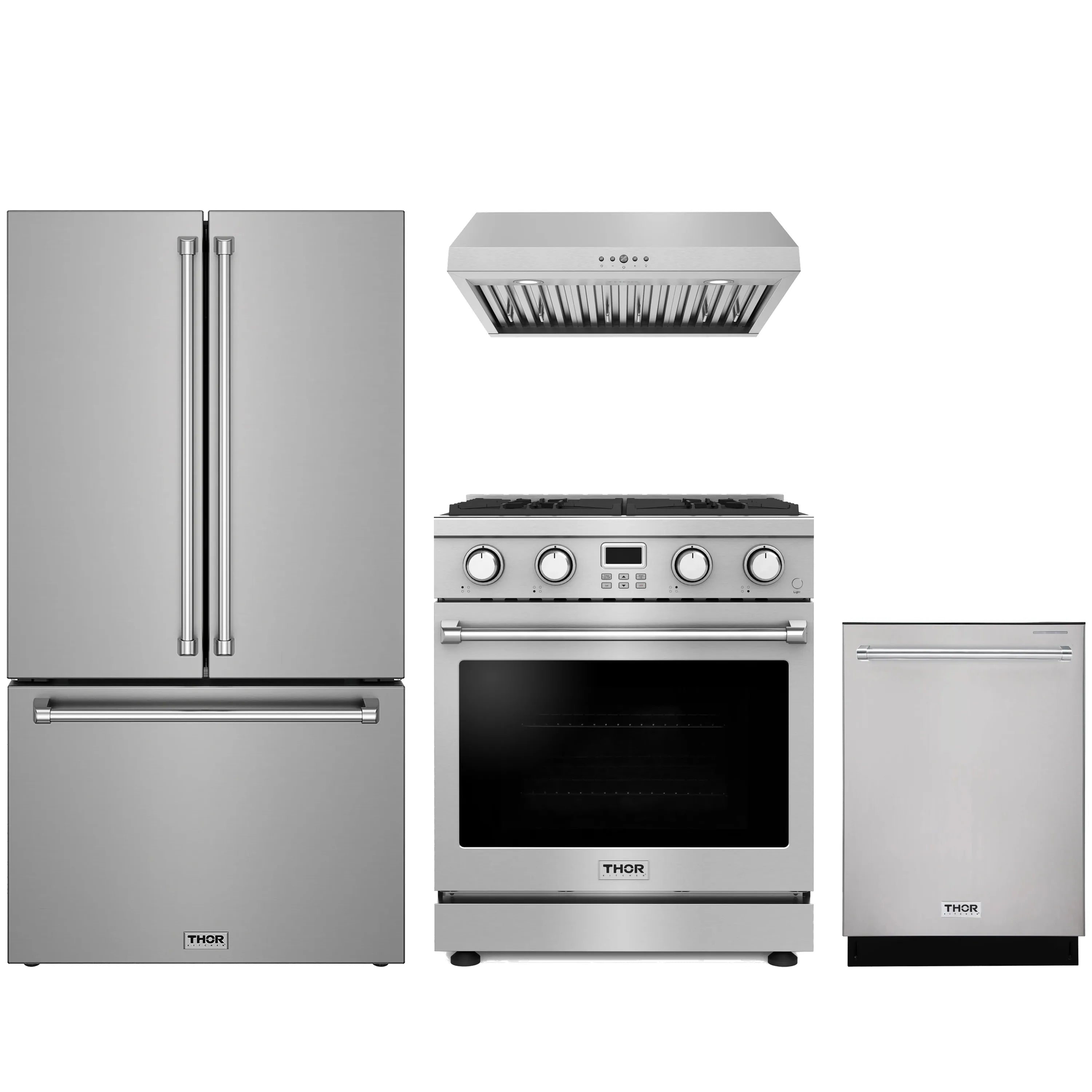 Stainless steel 4-piece appliance package with range, hood, refrigerator, and dishwasher