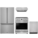 Stainless steel Thor Kitchen appliance package with 30-inch range, range hood, counter-depth refrigerator, dishwasher