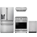 Stainless steel Thor Kitchen appliance package with 30-inch range, range hood, refrigerator with water dispenser, dishwasher