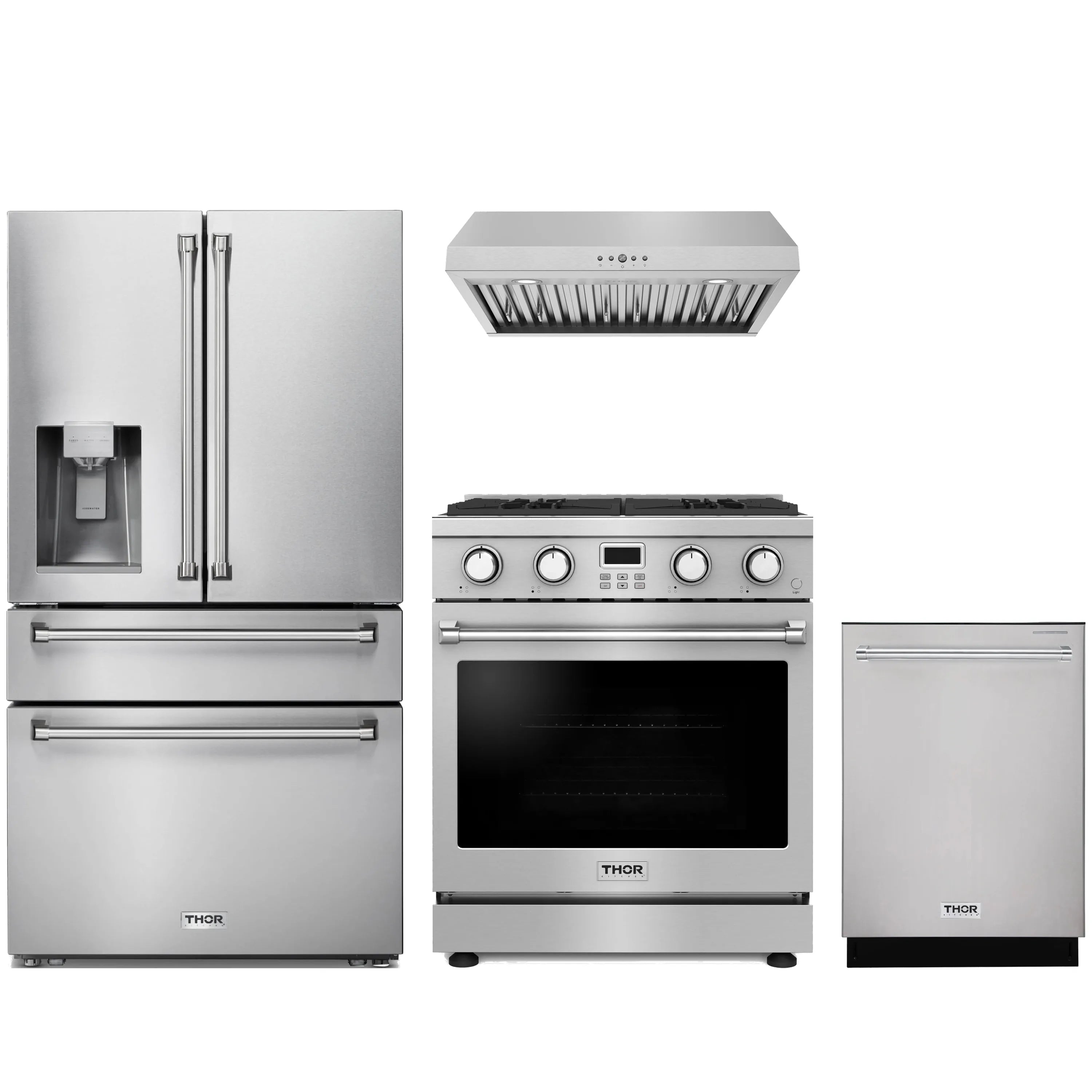 Stainless steel appliance package with gas range, hood, refrigerator, and dishwasher