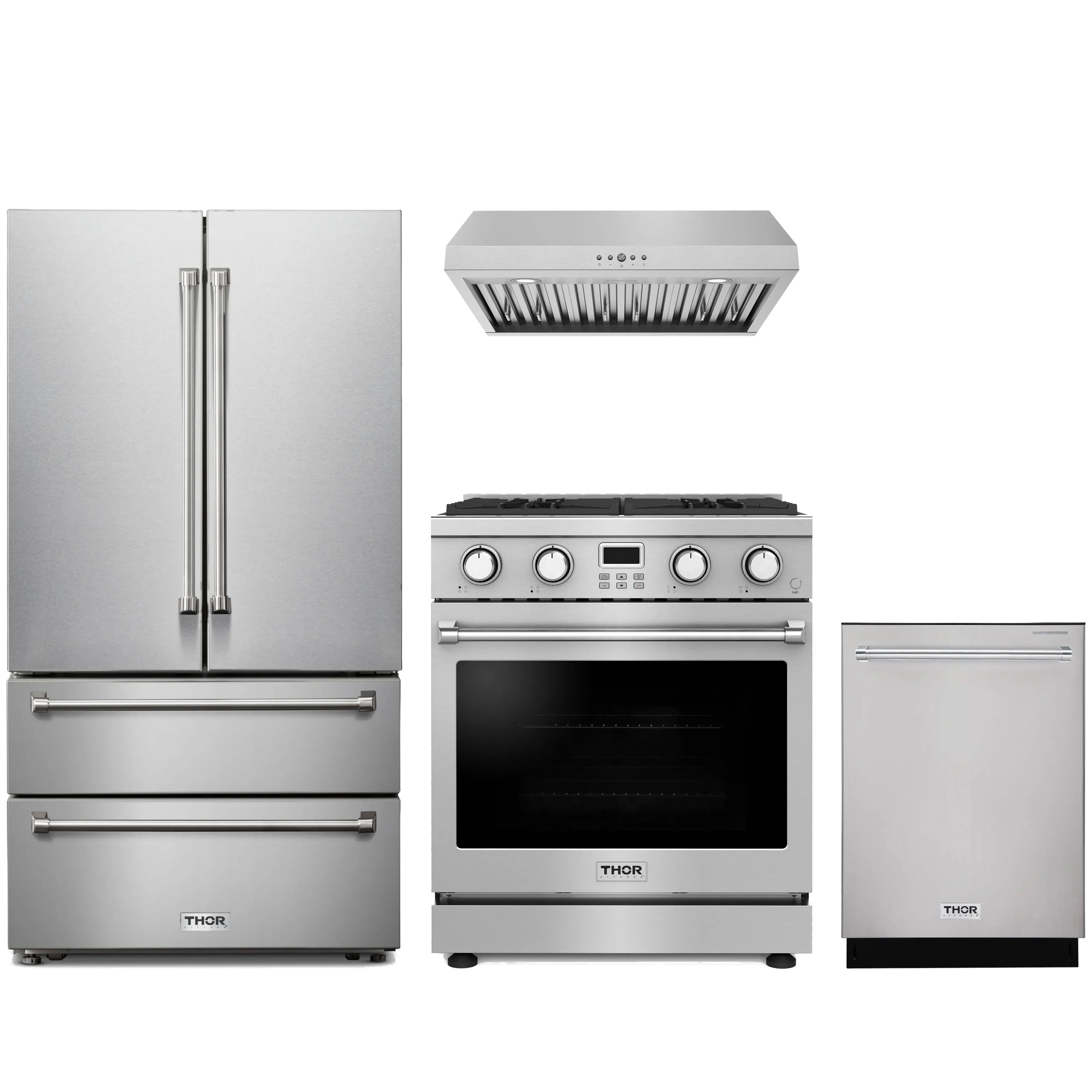 Stainless steel appliance package with double-door refrigerator, gas range, hood, and dishwasher