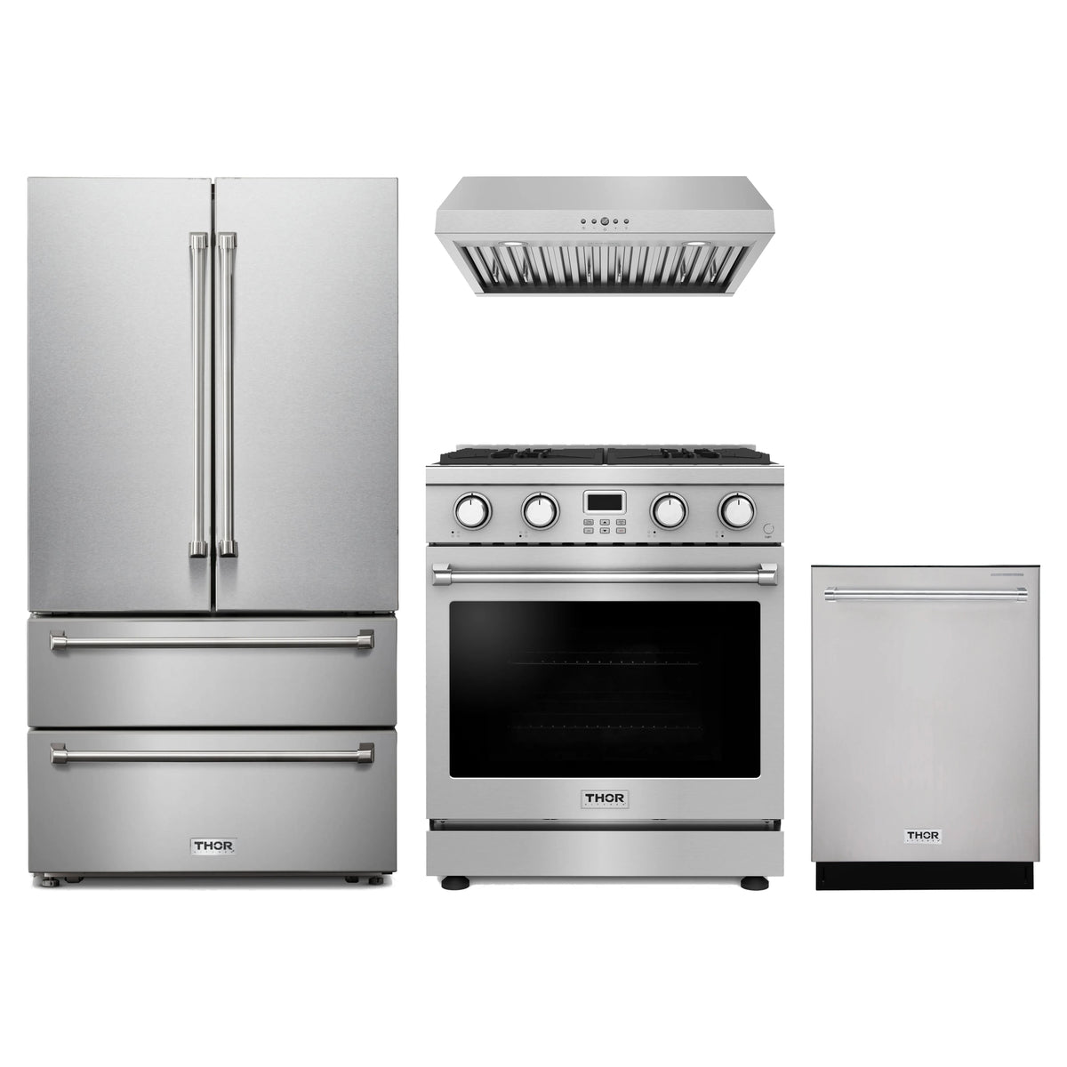 Thor Kitchen 4-Piece Appliance Package - 30-Inch Natural Gas Range, French Door Refrigerator, Under Cabinet Hood, & Dishwasher in Stainless Steel