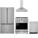 Stainless steel Thor Kitchen appliance package with 30-inch range, range hood, counter-depth refrigerator, dishwasher