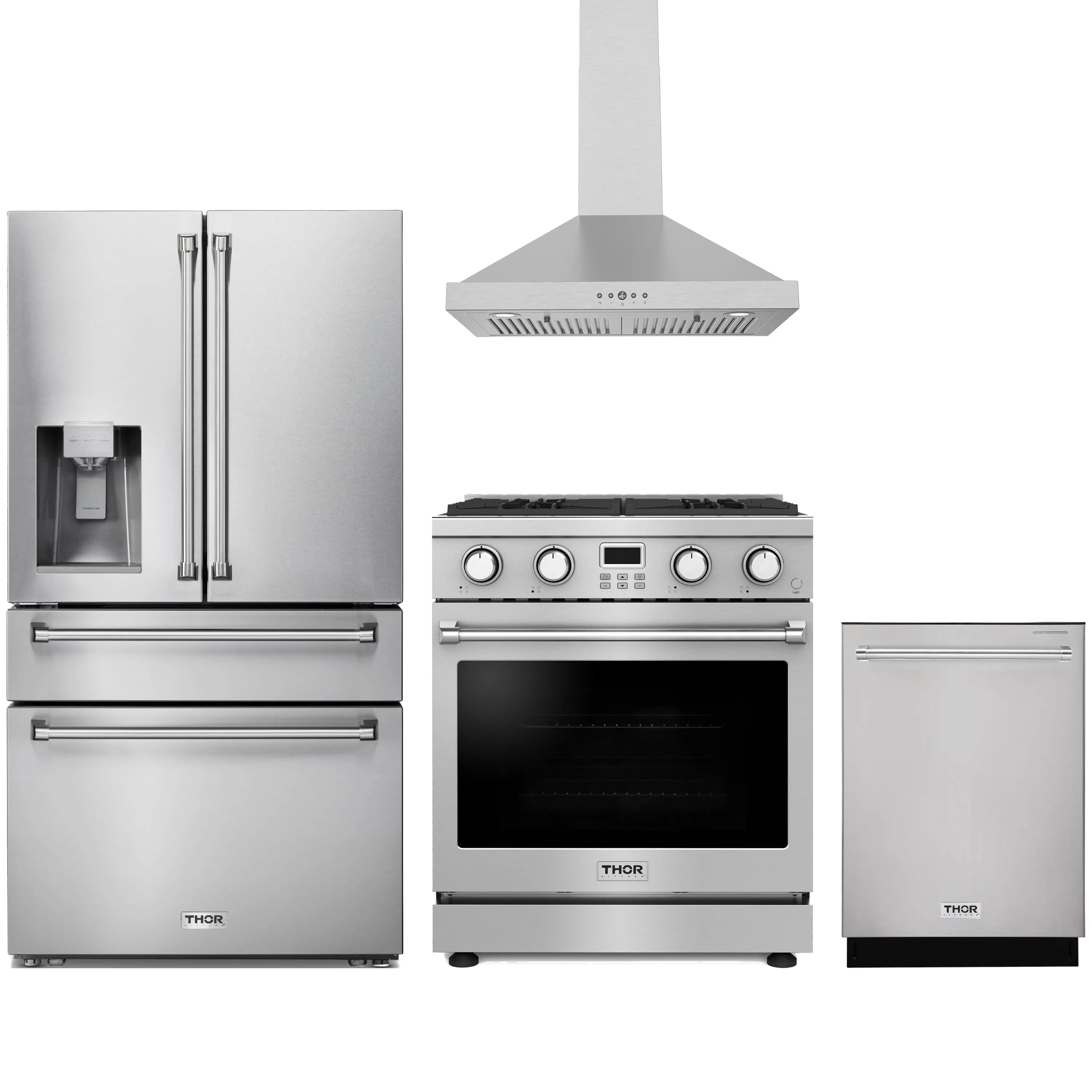 Stainless steel Thor Kitchen appliance package with 30-inch range, range hood, refrigerator with water dispenser, dishwasher