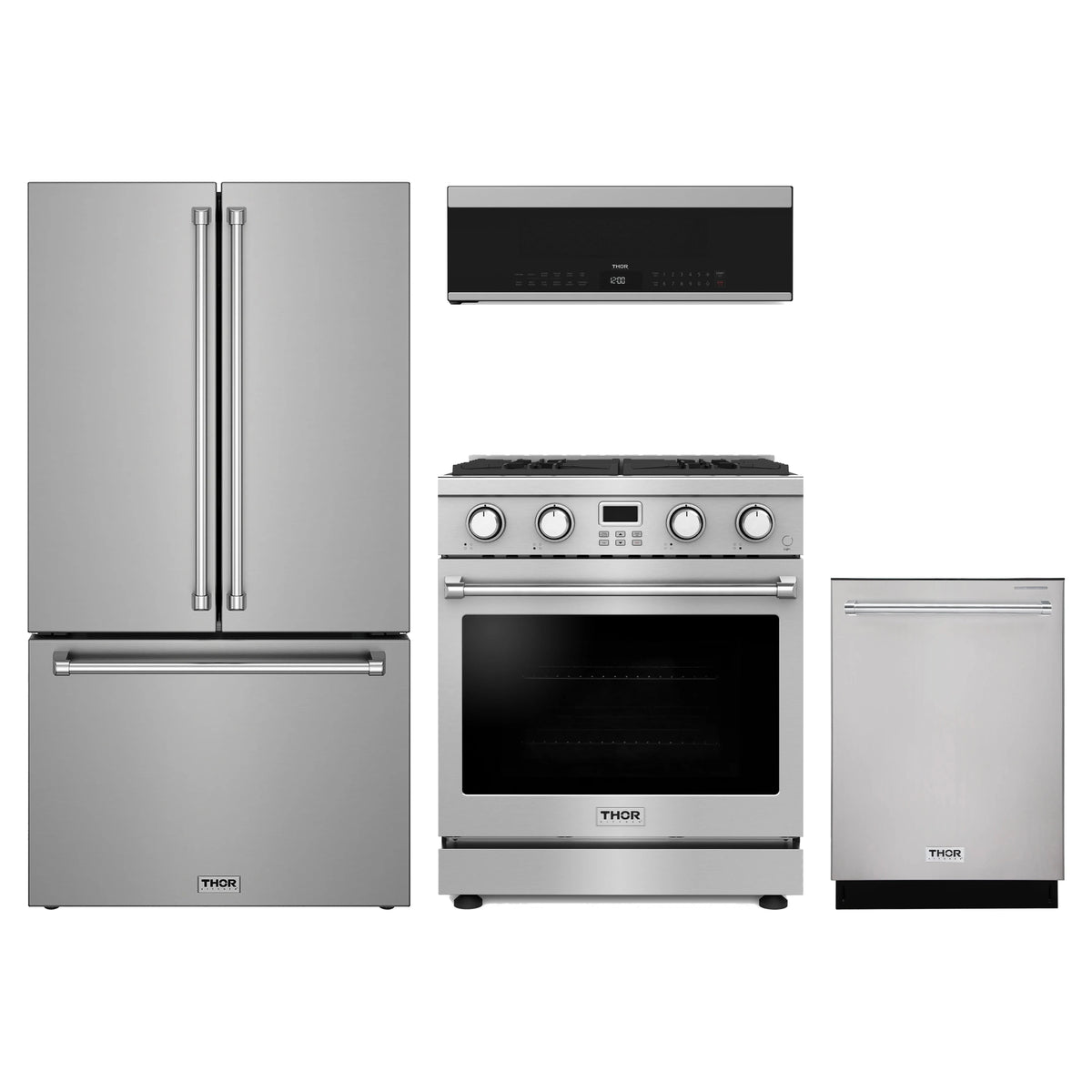 Thor Kitchen 4-Piece Appliance Package - 30-Inch Propane Gas Range, Counter-Depth Refrigerator, Dishwasher, & Over-the-Range Microwave in Stainless Steel