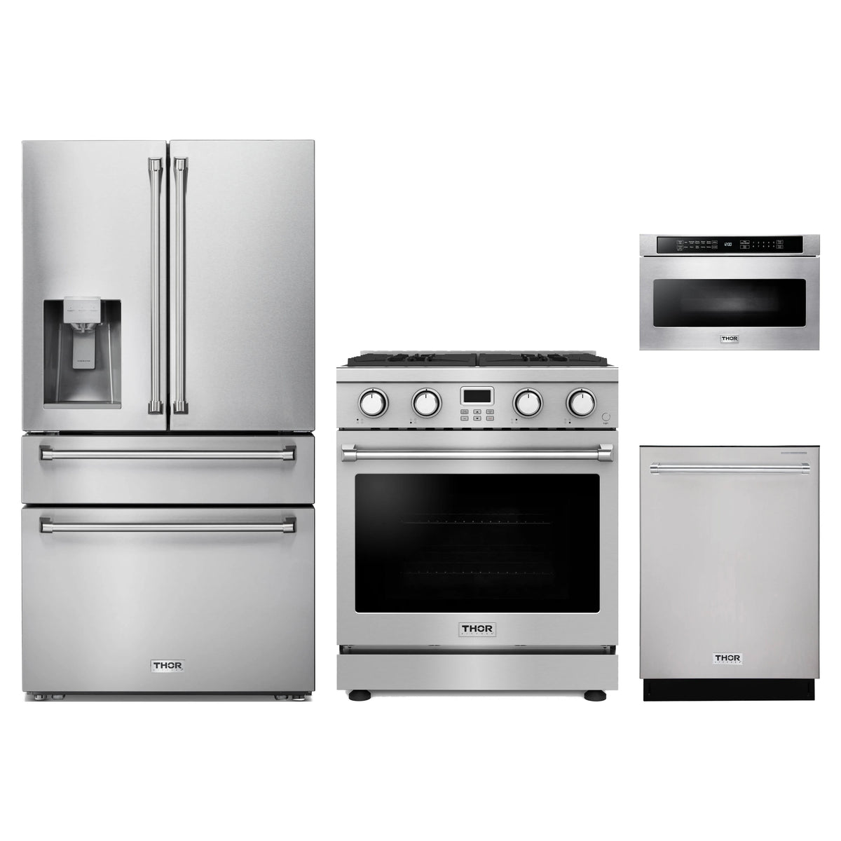 Thor Kitchen 4-Piece Appliance Package - 30-Inch Propane Gas Range, Refrigerator with Water Dispenser, Dishwasher, & Microwave Drawer in Stainless Steel