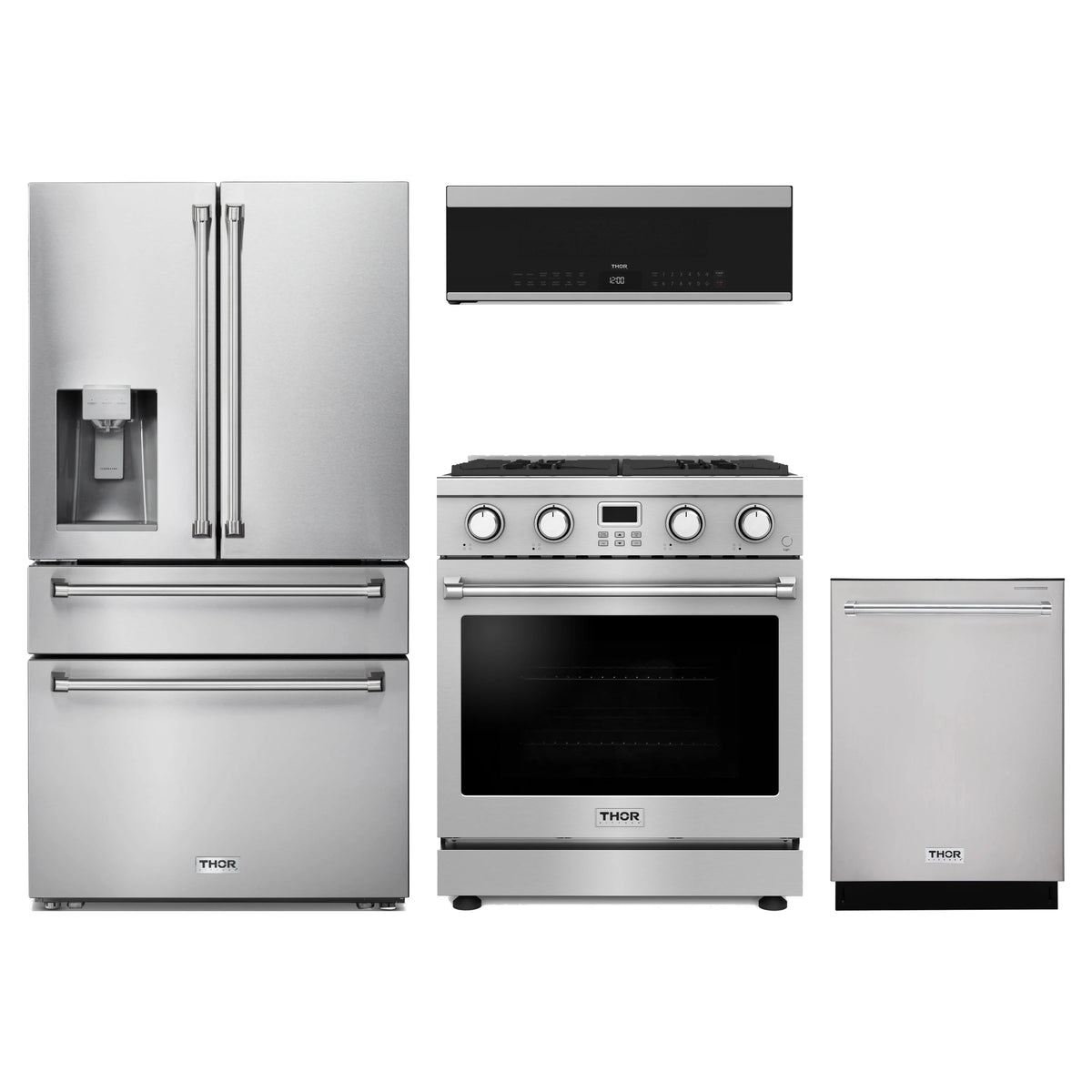 Thor Kitchen 4-Piece Appliance Package - 30-Inch Propane Gas Range, Refrigerator with Water Dispenser, Dishwasher, & Over-the-Range Microwave in Stainless Steel