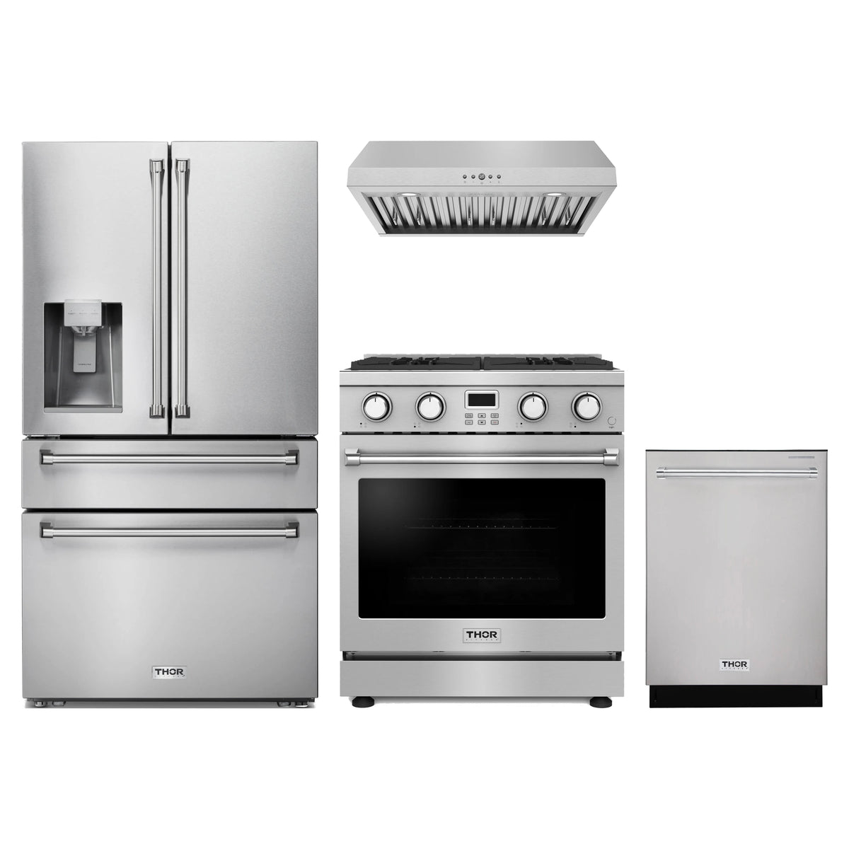 Thor Kitchen 4-Piece Appliance Package - 30-Inch Propane Gas Range, Refrigerator with Water Dispenser, Under Cabinet Hood, & Dishwasher in Stainless Steel