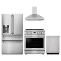 Thor Kitchen 4-Piece Appliance Package - 30-Inch Propane Gas Range, Refrigerator with Water Dispenser, Wall Mount Hood, & Dishwasher in Stainless Steel