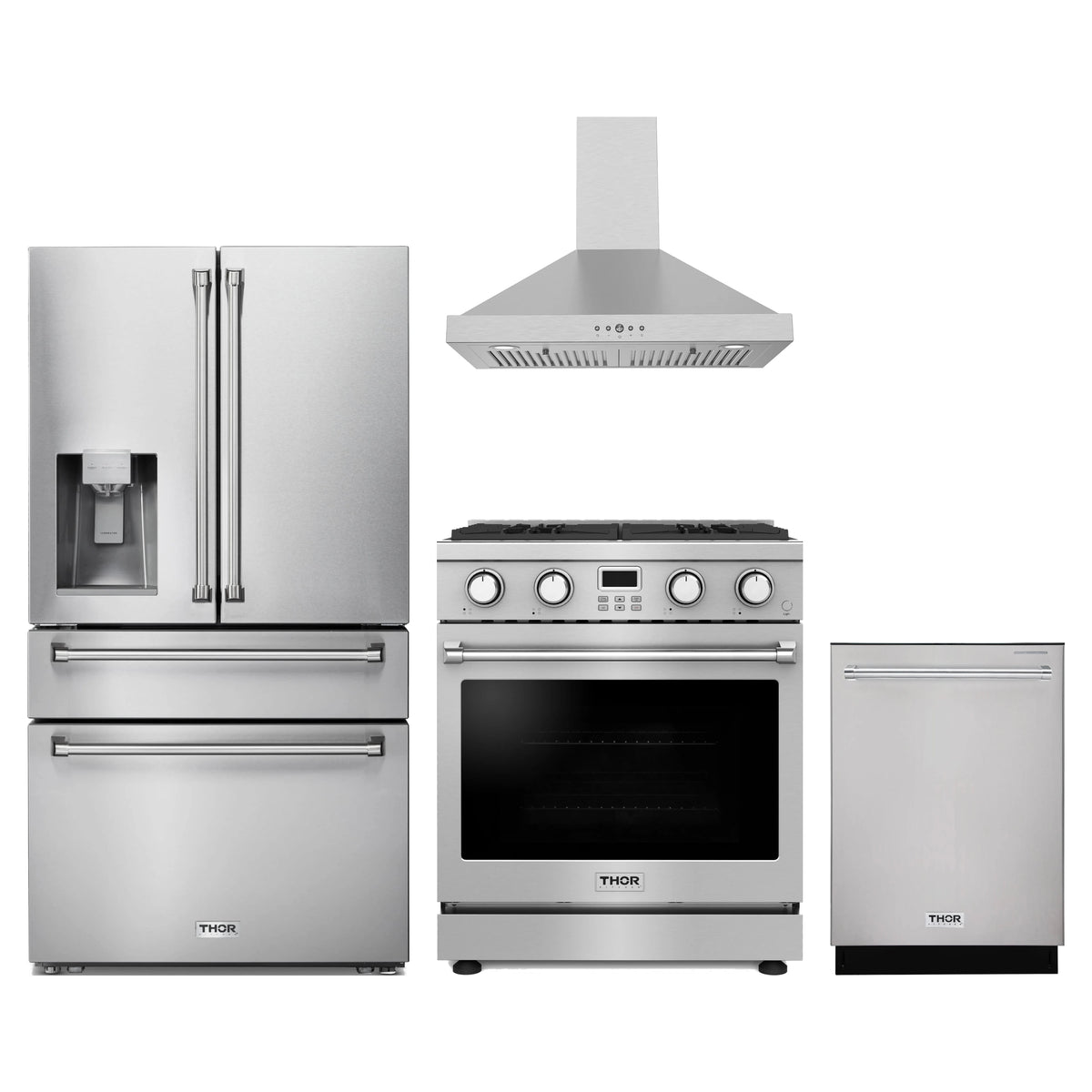 Thor Kitchen 4-Piece Appliance Package - 30-Inch Propane Gas Range, Refrigerator with Water Dispenser, Wall Mount Hood, & Dishwasher in Stainless Steel
