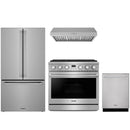 Stainless steel Thor Kitchen appliance package with 36-inch range, range hood, counter-depth refrigerator, dishwasher