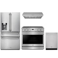 Thor Kitchen 4-Piece Appliance Package - 36-Inch Natural Gas Range, Refrigerator with Water Dispenser, Under Cabinet Hood, & Dishwasher in Stainless Steel
