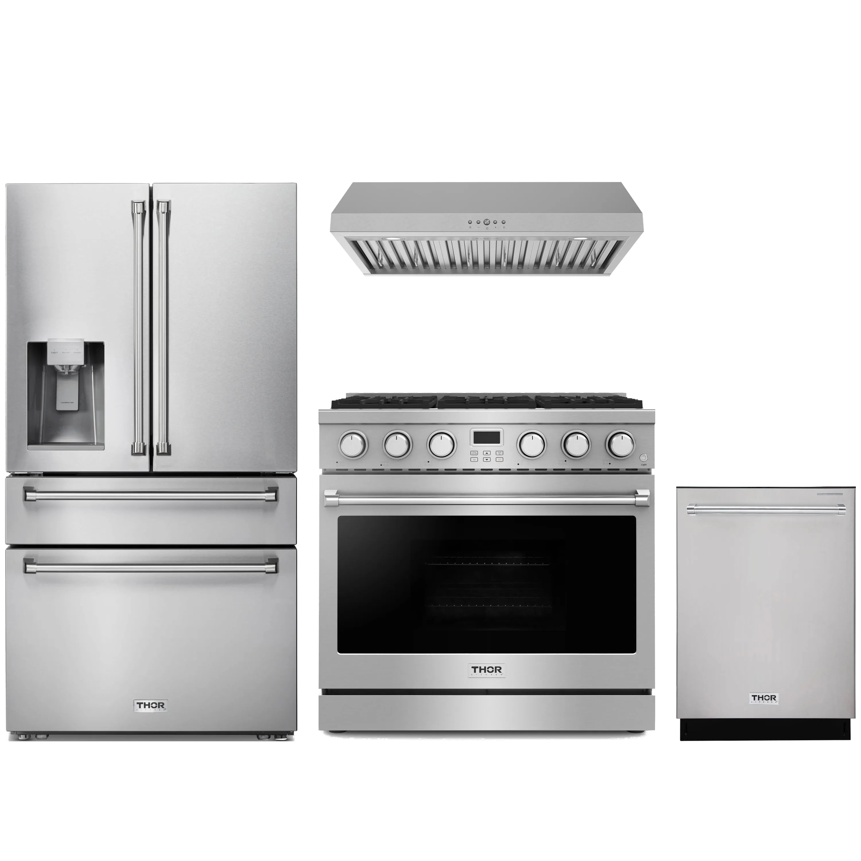 Stainless steel Thor Kitchen appliance package with 36-inch range, range hood, refrigerator with water dispenser, dishwasher