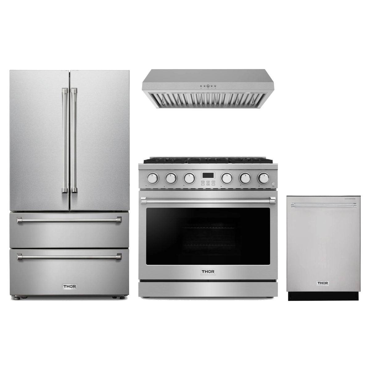 Thor Kitchen 4-Piece Appliance Package - 36-Inch Natural Gas Range, French Door Refrigerator, Under Cabinet Hood, & Dishwasher in Stainless Steel