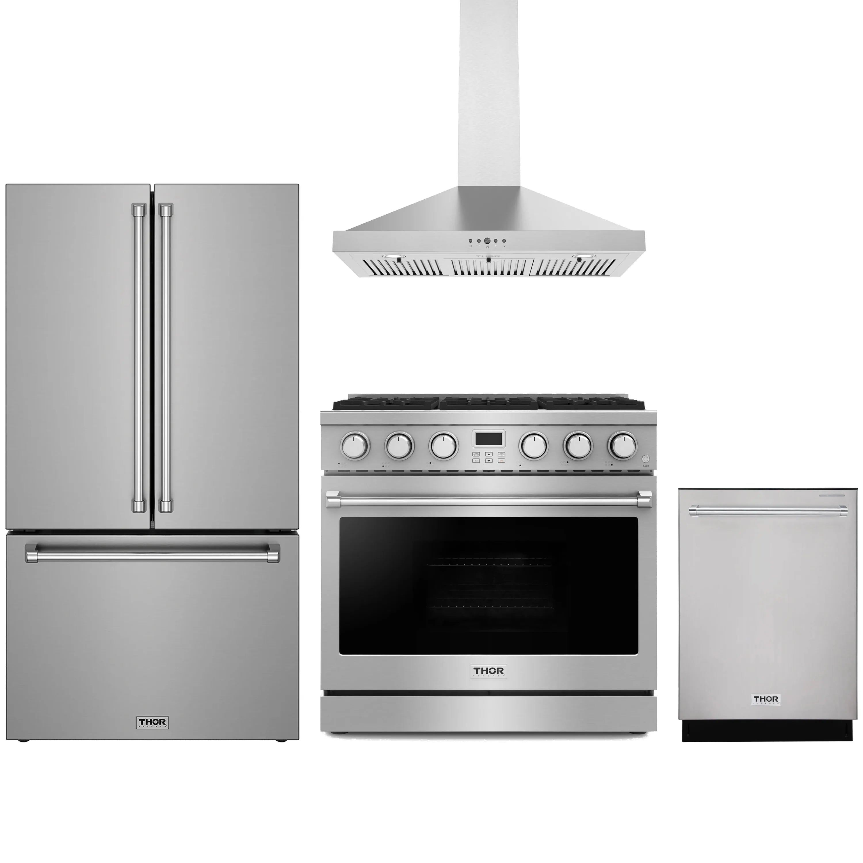 Stainless steel appliance package featuring range, wall hood, refrigerator and dishwasher