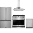 Stainless steel Thor Kitchen appliance package with 36-inch range, range hood, counter-depth refrigerator, dishwasher