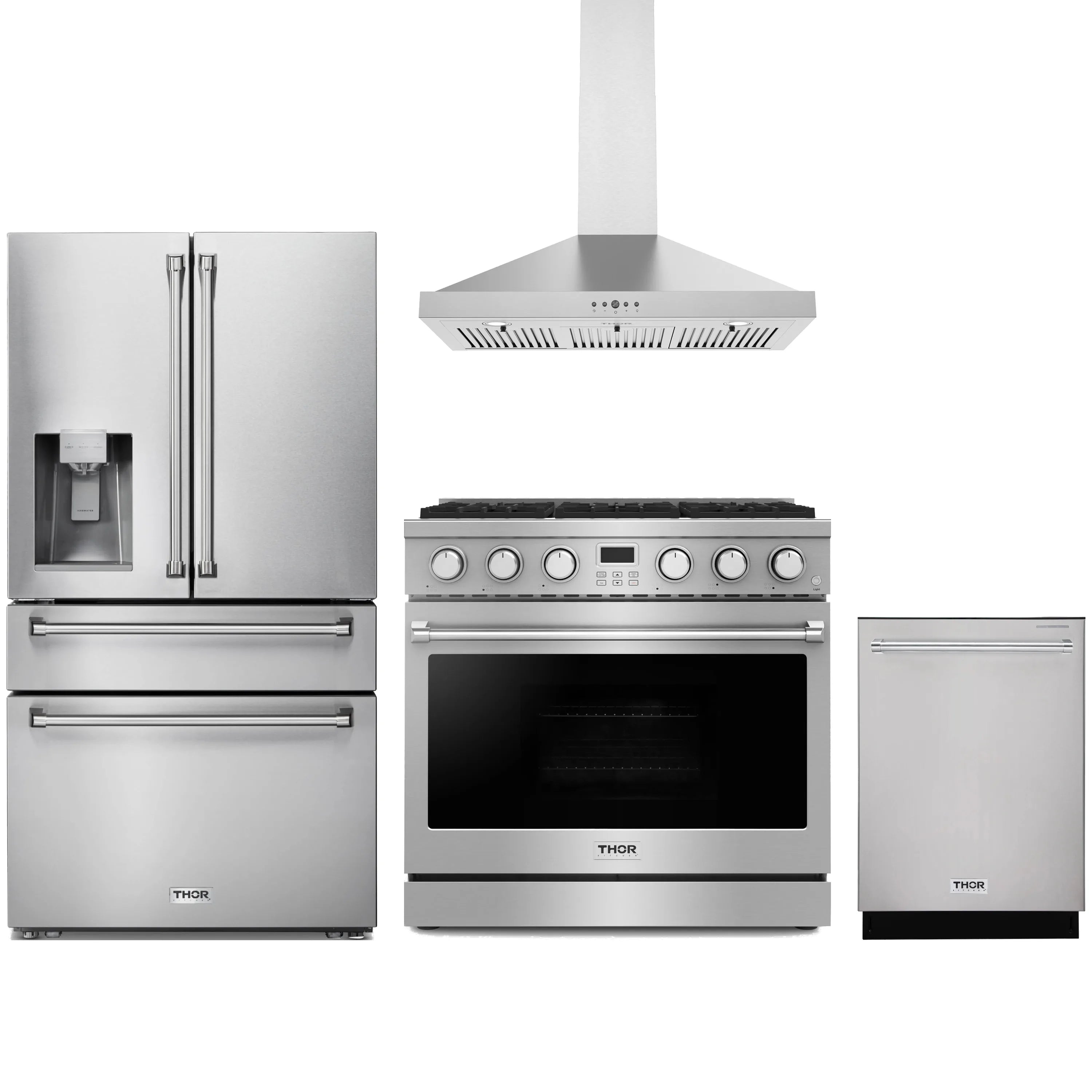 Stainless steel Thor Kitchen appliance package with 36-inch range, range hood, refrigerator with water dispenser, dishwasher
