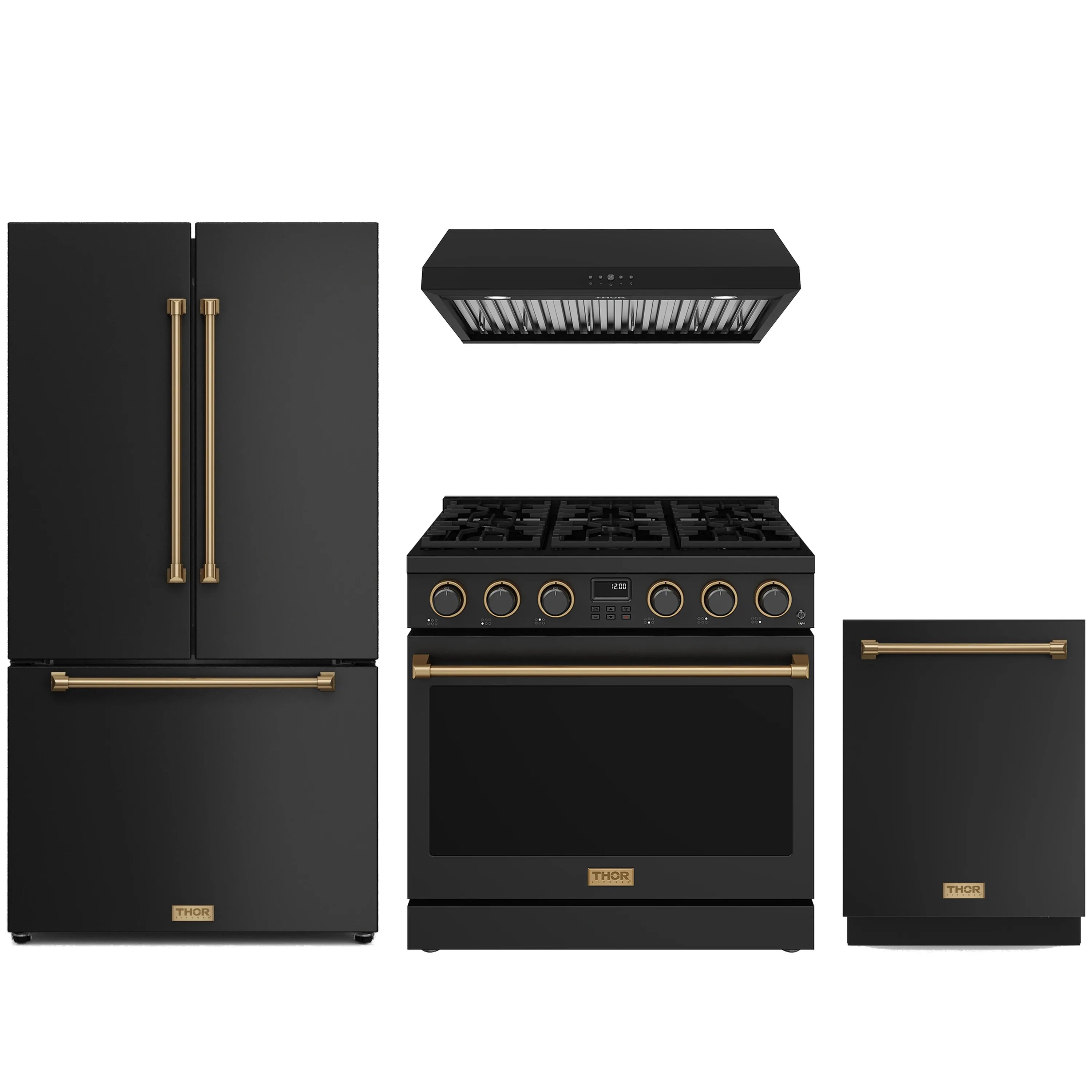 Black appliance package with gas range, counter-depth refrigerator, hood, and dishwasher