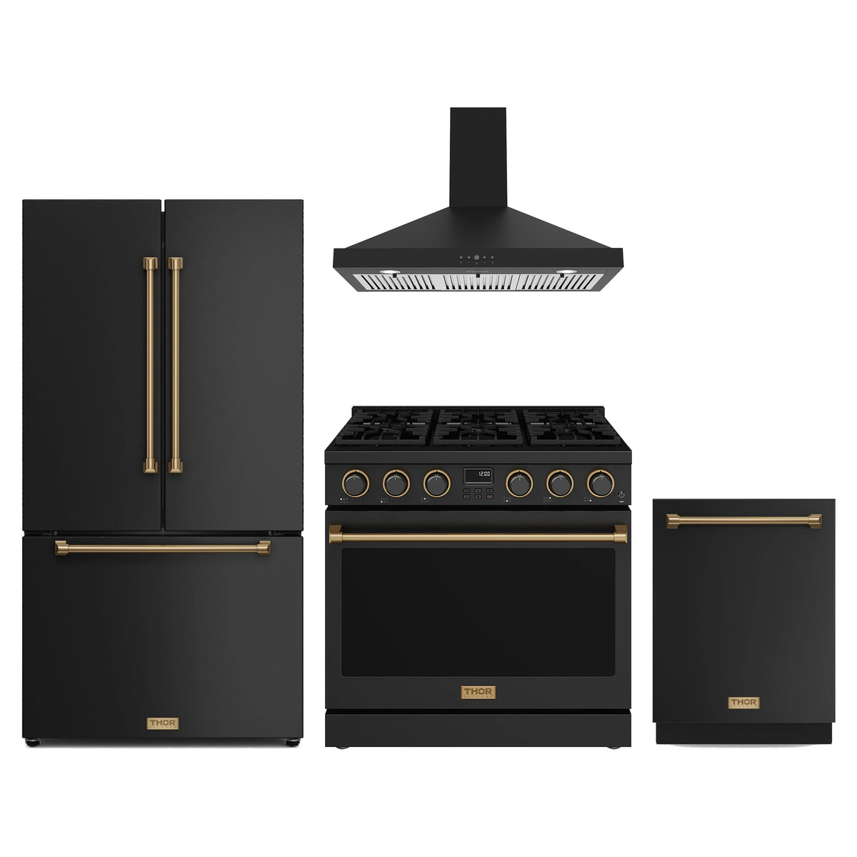 Thor Kitchen 4-Piece Appliance Package - 36-Inch Natural Gas Range, Counter-Depth Refrigerator, Wall Mount Hood, & Dishwasher in Black with Bronze Trim