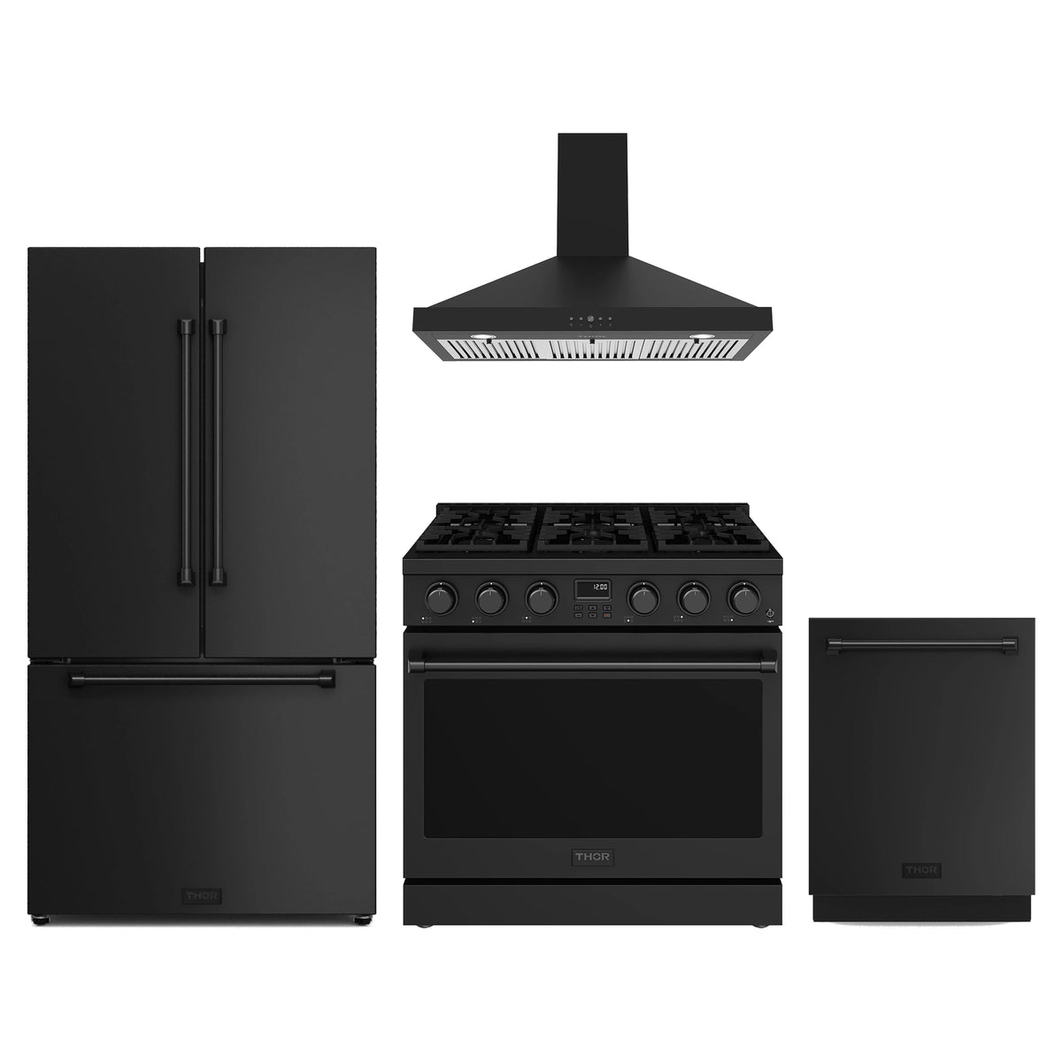 Thor Kitchen 4-Piece Appliance Package - 36-Inch Natural Gas Range, Counter-Depth Refrigerator, Wall Mount Hood, & Dishwasher in Black