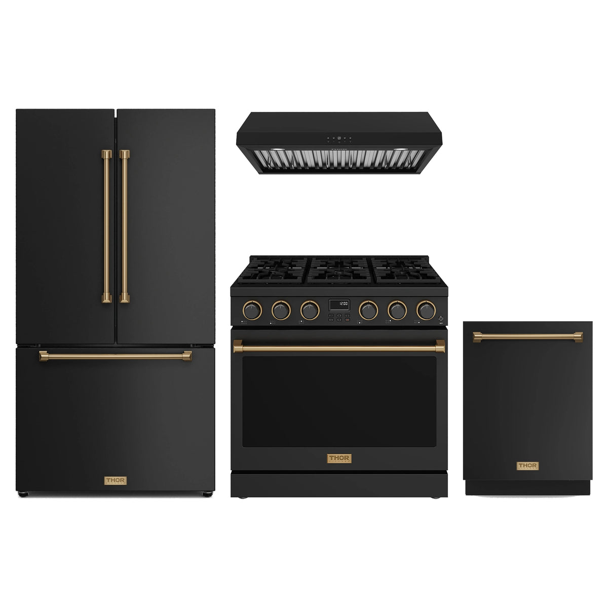 Thor Kitchen 4-Piece Appliance Package - 36-Inch Propane Gas Range, Counter-Depth Refrigerator, Under Cabinet Hood, & Dishwasher in Black with Bronze Trim