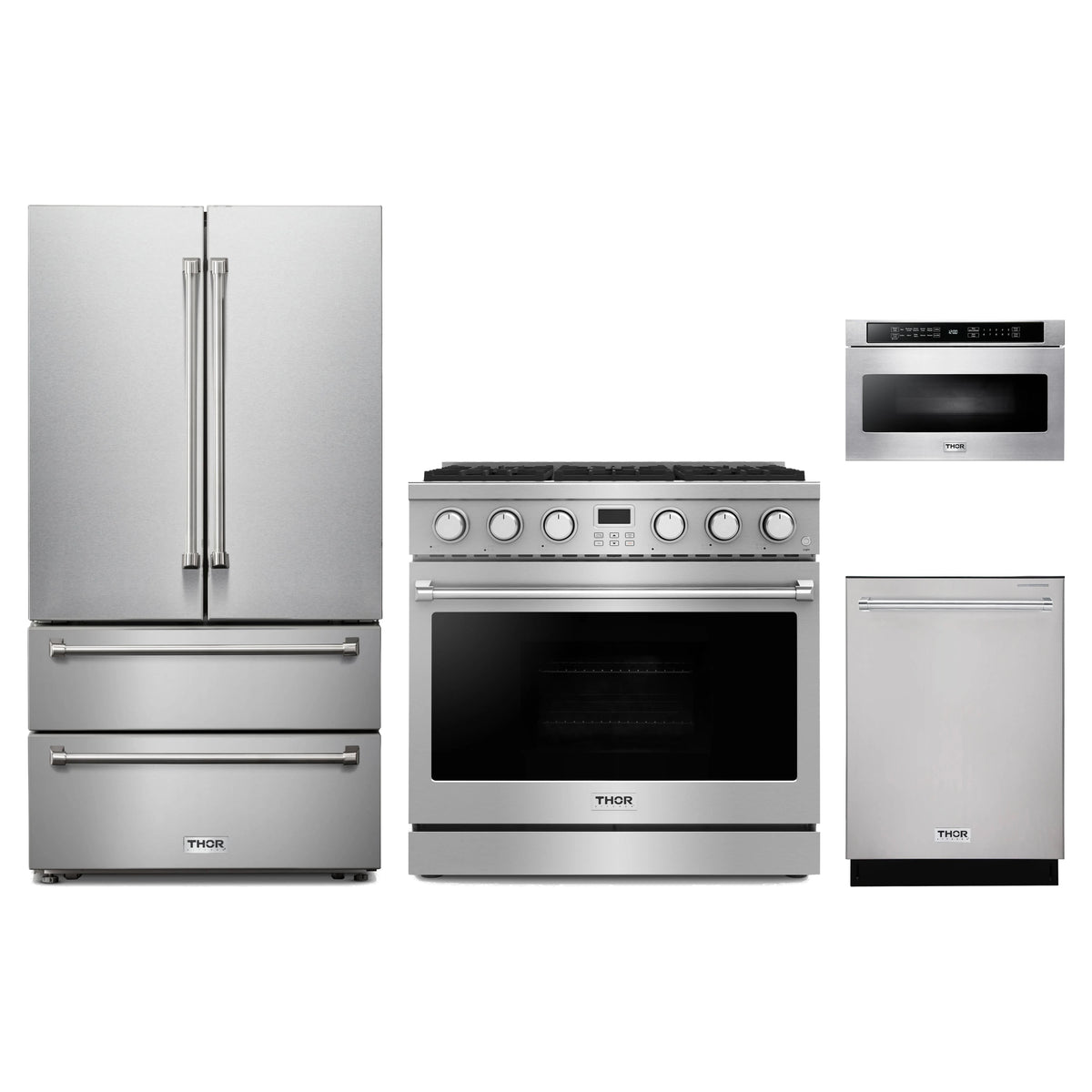 Thor Kitchen 4-Piece Appliance Package - 36-Inch Propane Gas Range, French Door Refrigerator, Dishwasher, & Microwave Drawer in Stainless Steel