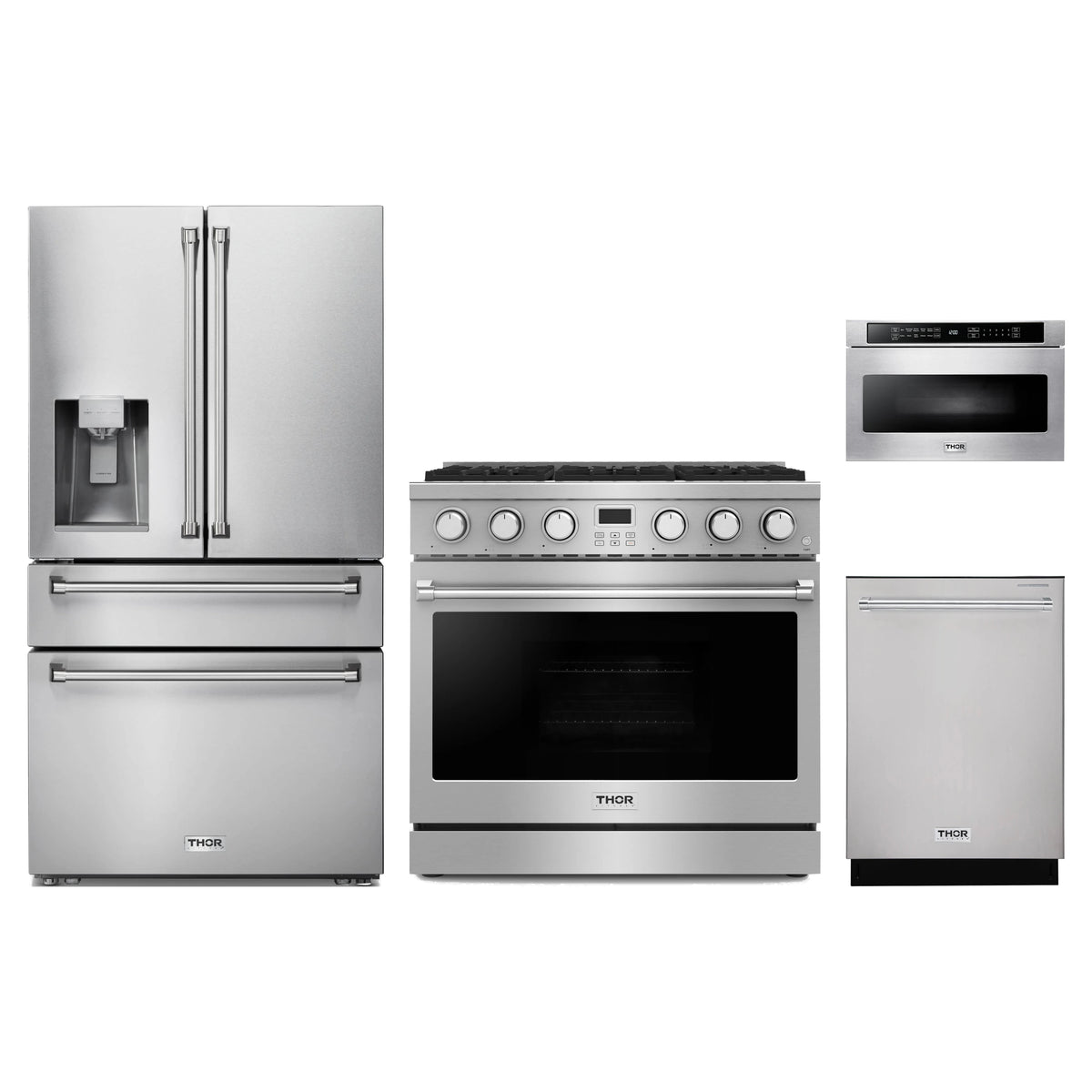 Thor Kitchen 4-Piece Appliance Package - 36-Inch Propane Gas Range, Refrigerator with Water Dispenser, Dishwasher, & Microwave Drawer in Stainless Steel