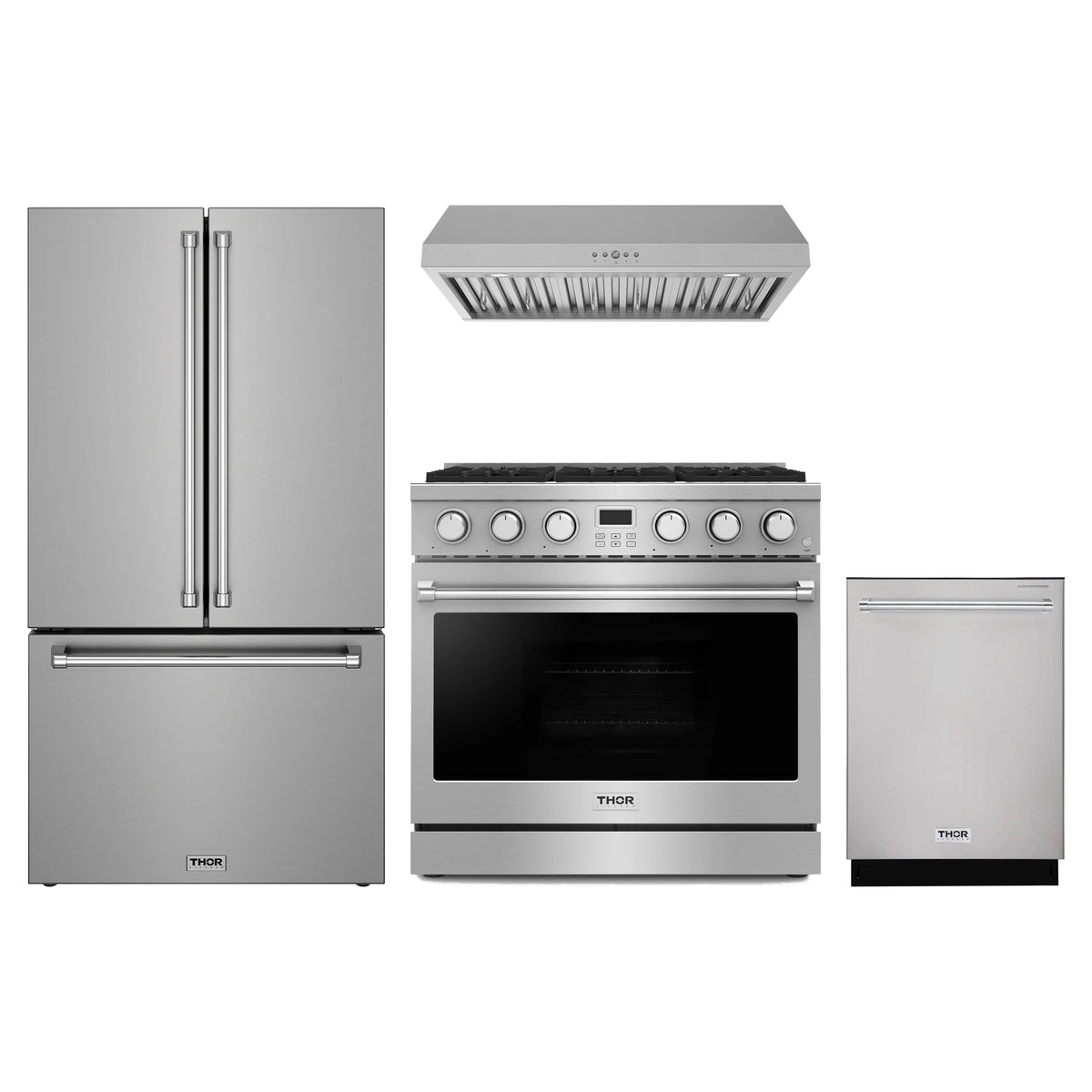 Thor Kitchen 4-Piece Appliance Package - 36-Inch Propane Gas Range, Counter-Depth Refrigerator, Under Cabinet Hood, & Dishwasher in Stainless Steel