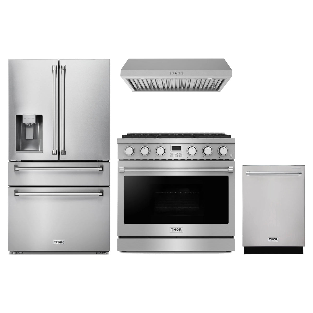 Thor Kitchen 4-Piece Appliance Package - 36-Inch Propane Gas Range, Refrigerator with Water Dispenser, Under Cabinet Hood, & Dishwasher in Stainless Steel