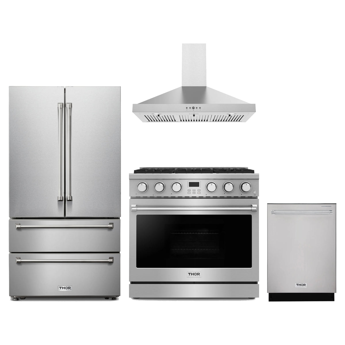 Thor Kitchen 4-Piece Appliance Package - 36-Inch Propane Gas Range, French Door Refrigerator, Wall Mount Hood, & Dishwasher in Stainless Steel